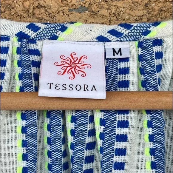 Tessora Blue Luisa Embroidered Stripe Neon Pom Pom. Dress medium - Picture 5 of 13